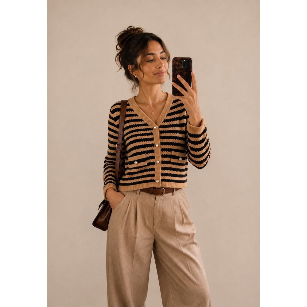 Boutique S Camel Black Striped Pearl Button Cardigan Light Academia